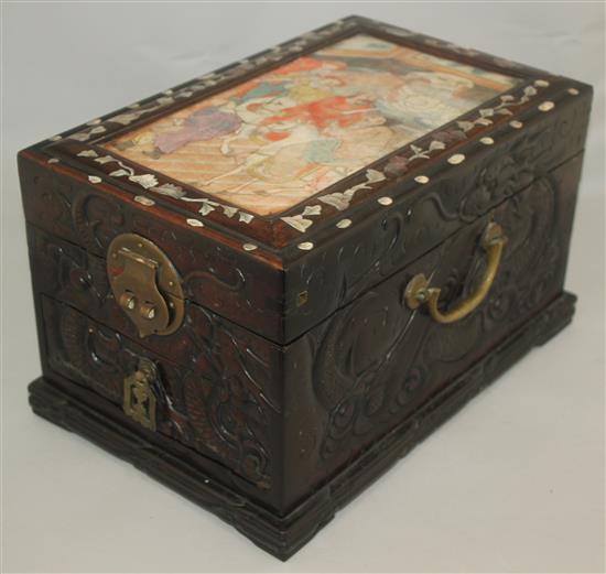 A Chinese rosewood and painted alabaster box, 19th century, length 35cm, width 23cm